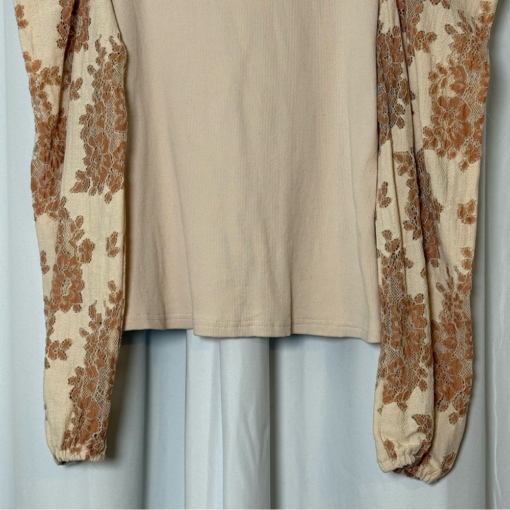 Dolan Left Coast Lace Puff Sleeve Top Ribbed Knit Romantic Blouse Women Small - Picture 6 of 12